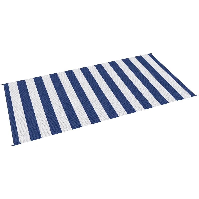 Outsunny Reversible Outdoor Rug, 9' x 18' Waterproof Plastic Straw Floor Mat, Portable RV Camping Carpet, Large Floor Mat for Backyard, Deck, Picnic, Beach, Blue & White Striped