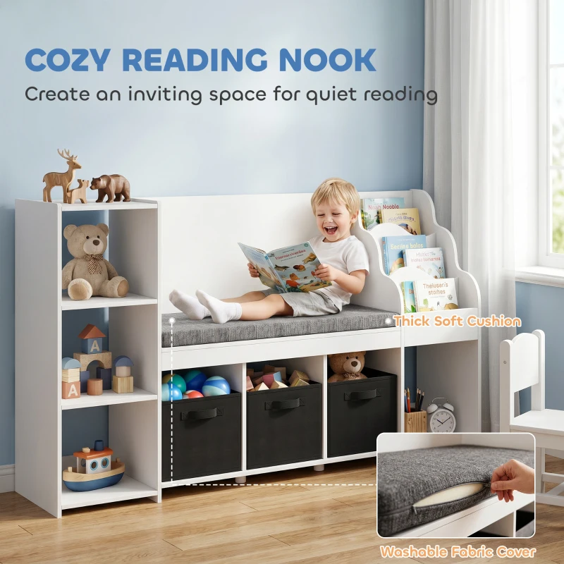 Qaba Kids Storage Shelf with Reading Nook, Toy Storage Organizer with Seat Cushion, 3 Fabric Drawers for Playroom, Nursery