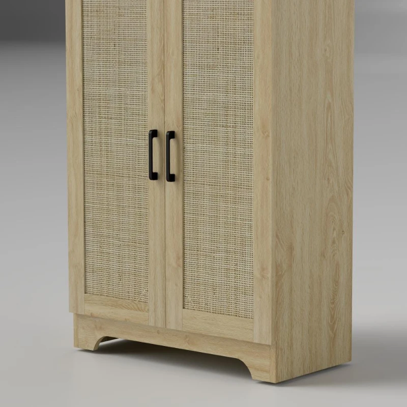HOMCOM 67" Tall Kitchen Pantry, Freestanding Kitchen Storage Cabinet with 4 Rattan Doors and Adjustable Shelves, Oak