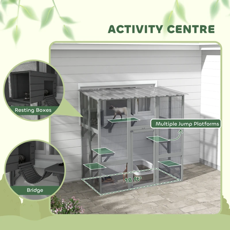 PawHut Catio Outdoor Cat Enclosure, Window Box Wooden Cat House with Bridge Platforms, Gray