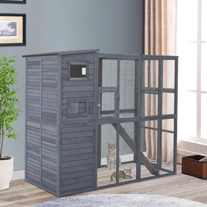 PawHut Wooden Outdoor Catio with Platforms, Asphalt Roof, Ramps, Gray