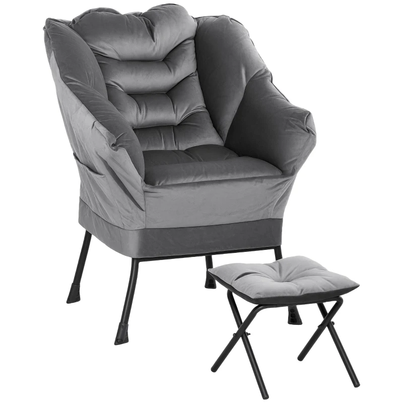 HOMCOM Lazy Chair and Ottoman Set, Fabric Upholstered Accent Chair with Side Pockets, for Living Room, Bedroom, Gray