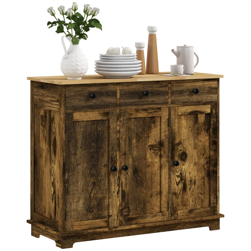 HOMCOM Kitchen Storage Cabinet, Sideboard Floor Cupboard with Solid Wood Top, Adjustable Shelf, and 3 Drawers, Brown