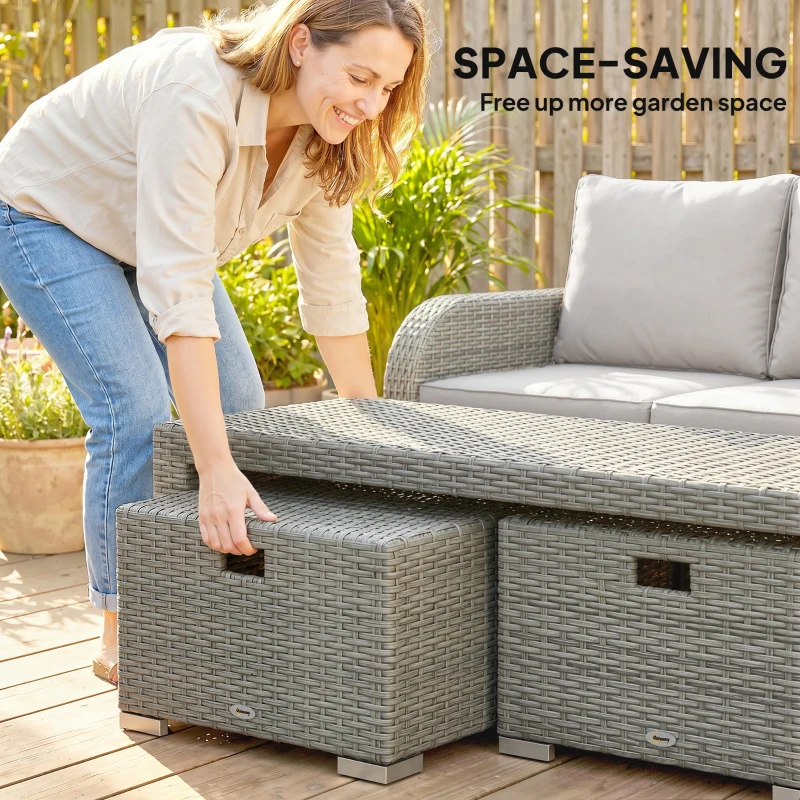 Outsunny 6-Piece Outdoor Rattan Patio Sectional Sofa Set with 3-Seat Couch, 2 Recliners, 2 Ottoman Footrests, & Coffee Table Conversation Set, Light Gray