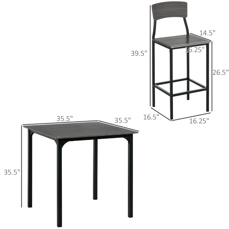 HOMCOM 5-Piece Counter Height Bar Table with Space-Saving Design, Square Kitchen Table and Chairs Set with Footrest, Metal Legs, Industrial Dining Table Set for 4, Gray