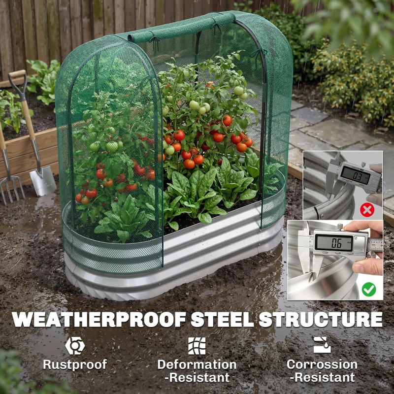 Outsunny Galvanized Raised Garden Bed with Crop Cage Protection Net Cover, Outdoor Planter Box for Vegetables, Flowers, Herbs