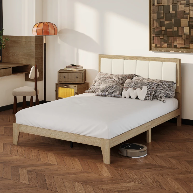 HOMCOM Full Bed Frame with Headboard Full Size Platform Bed Frame with Wooden Slats No Box Spring Needed Easy Assembly Oak