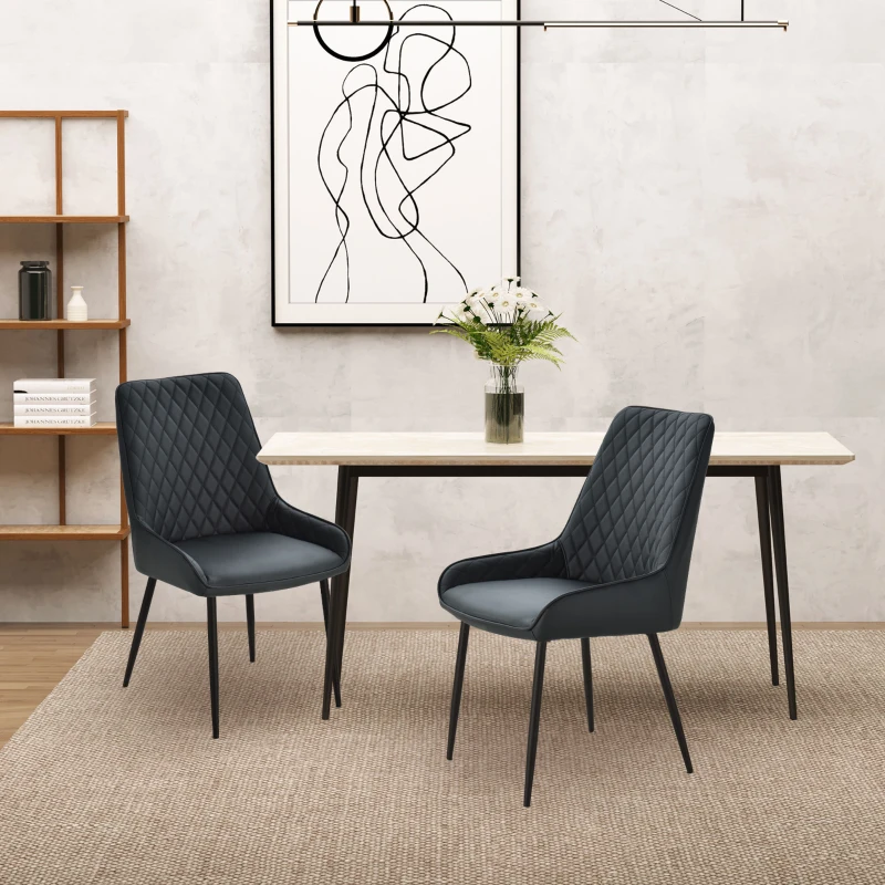 HOMCOM Upholstered Kitchen Chairs, Modern Dining Chairs Set of 2 with Diamond Tufting and Steel Legs for Dining Room, Black