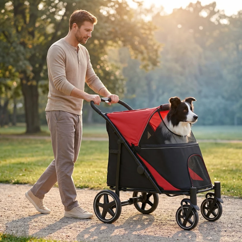 PawHut Dog Stroller for Large Medium Small Dogs up to 66 Lbs. 23.5" in Body Length, One-Click Foldable Pet Cat Stroller with Storage, Shock Absorption Wheels, Mesh Window, Safety Leash, Red