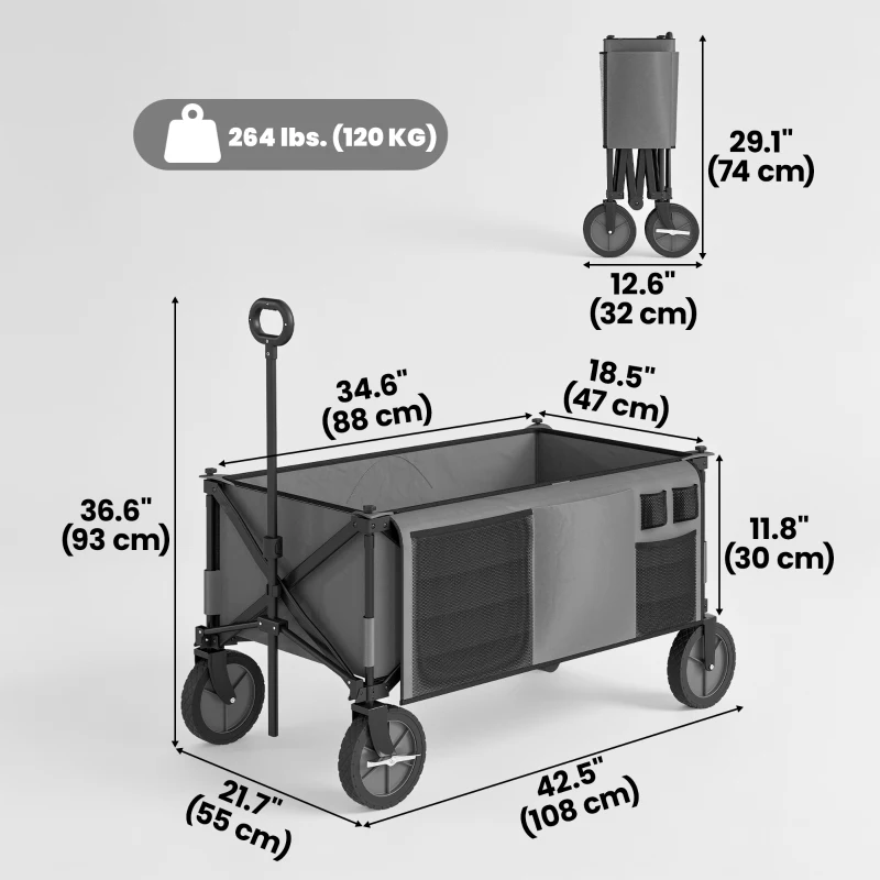 Outsunny Folding Garden Wagon, Collapsible Wagon, Cart with Wheels, Steel Frame and Oxford Fabric, Dark Grey