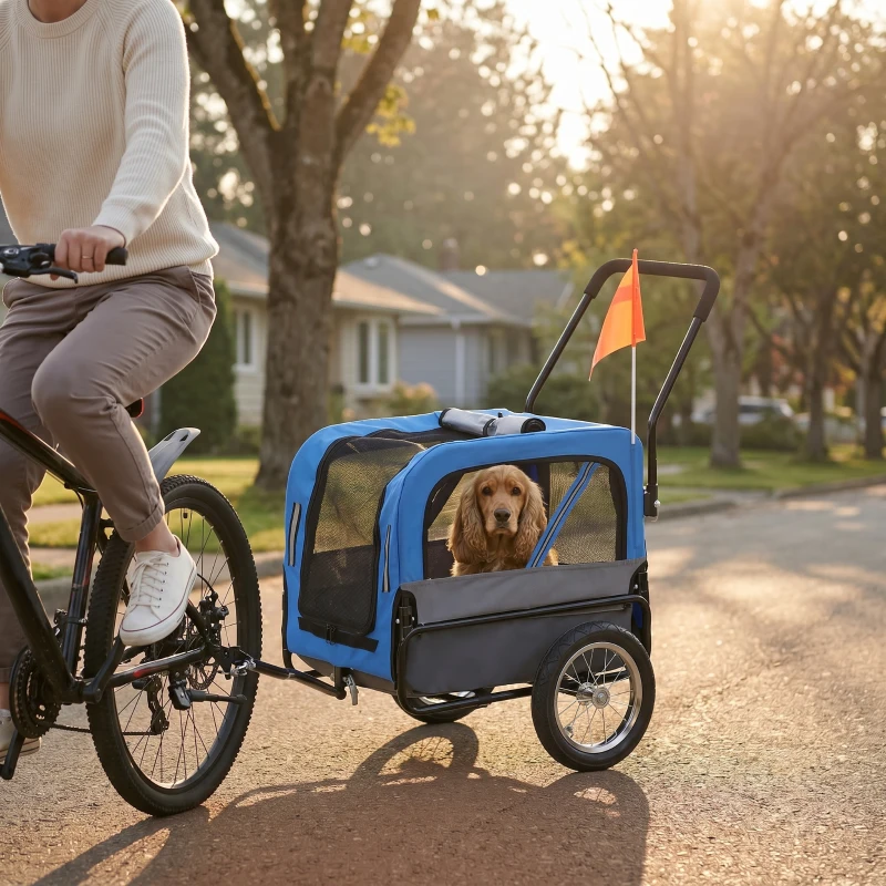 Aosom 2-in-1 Small Dog Bike Trailer and Bike Stroller with Hitch, Bicycle Trailer Sidecar Bike Wagon Cart Carrier Attachment for Travel, Blue(m-10)