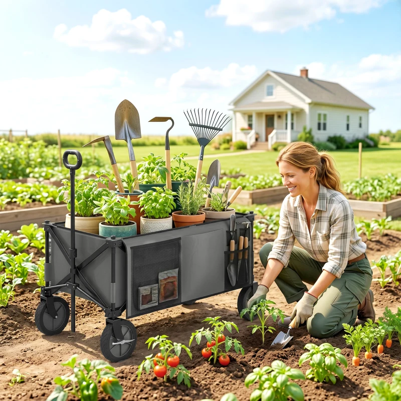 Outsunny Folding Garden Wagon, Collapsible Wagon, Cart with Wheels, Steel Frame and Oxford Fabric, Dark Grey