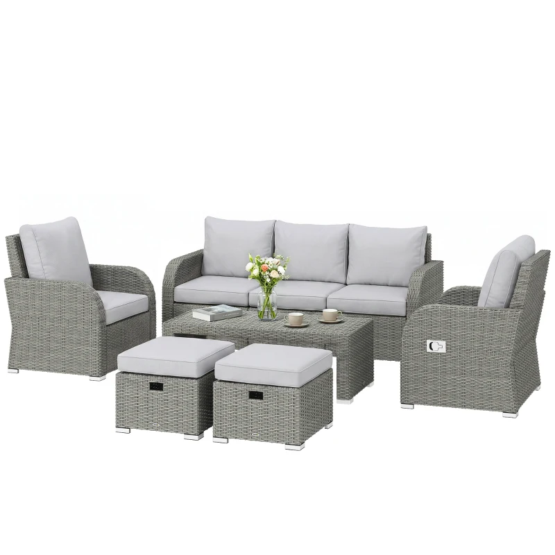 Outsunny 6-Piece Outdoor Rattan Patio Sectional Sofa Set with 3-Seat Couch, 2 Recliners, 2 Ottoman Footrests, & Coffee Table Conversation Set, Light Gray