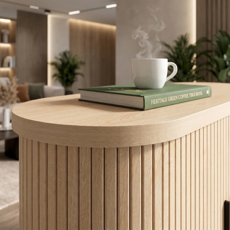 HOMCOM Sideboard Buffet Cabinet with Curved Tambour Doors, Thick Tabletop and Arc Metal Legs Natural Wood