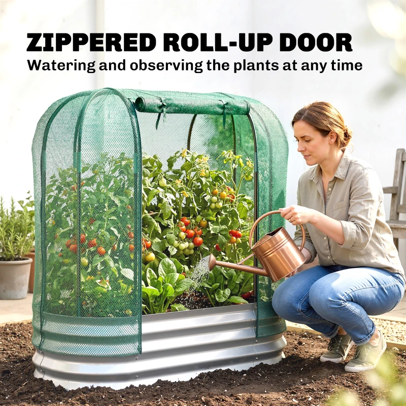 Outsunny Galvanized Raised Garden Bed with Crop Cage Protection Net Cover, Outdoor Planter Box for Vegetables, Flowers, Herbs