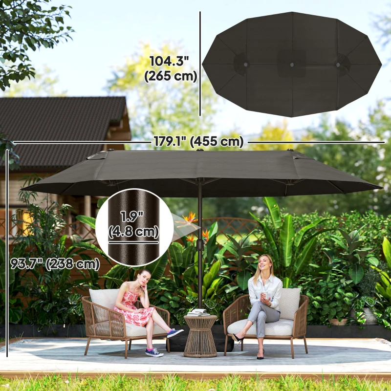 Outsunny 15' Outdoor Patio Umbrella with Twin Canopy Sunshade Steel Table Umbrella w/ Lift Crank, Cross Base, Sandbag, Dark Grey