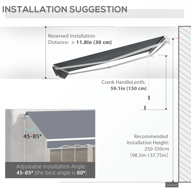 Outsunny 10' x 8' Manual Retractable Awning, Sunhade Shelter Canopy UV Protection for Window Door Patio Deck Yard, Dark Grey
