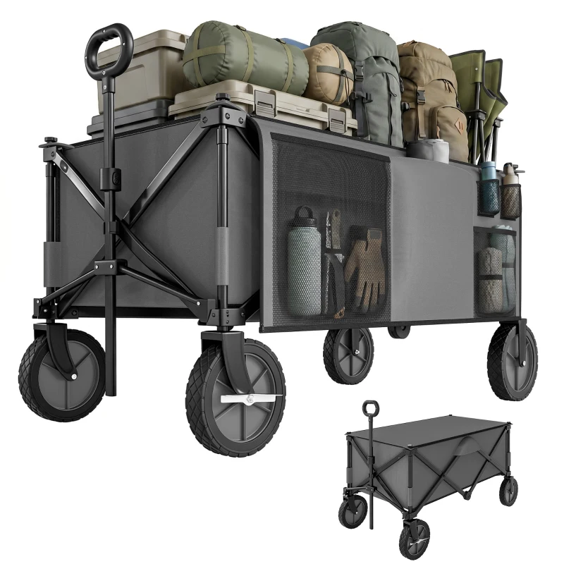 Outsunny Folding Garden Wagon, Collapsible Wagon, Cart with Wheels, Steel Frame and Oxford Fabric, Dark Grey