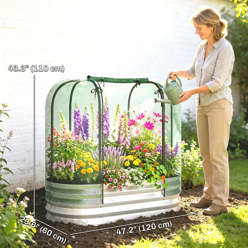 Outsunny Galvanized Raised Garden Bed with Crop Cage Protection Net Cover, Outdoor Planter Box for Vegetables, Flowers, Herbs