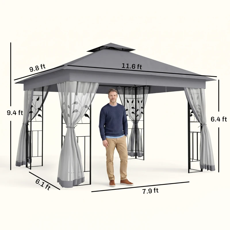 Outsunny 10' x 11.5' Metal Patio Gazebo, Double Roof Outdoor Gazebo Canopy Shelter w/Tree Motifs Corner Frame and Netting, Gray
