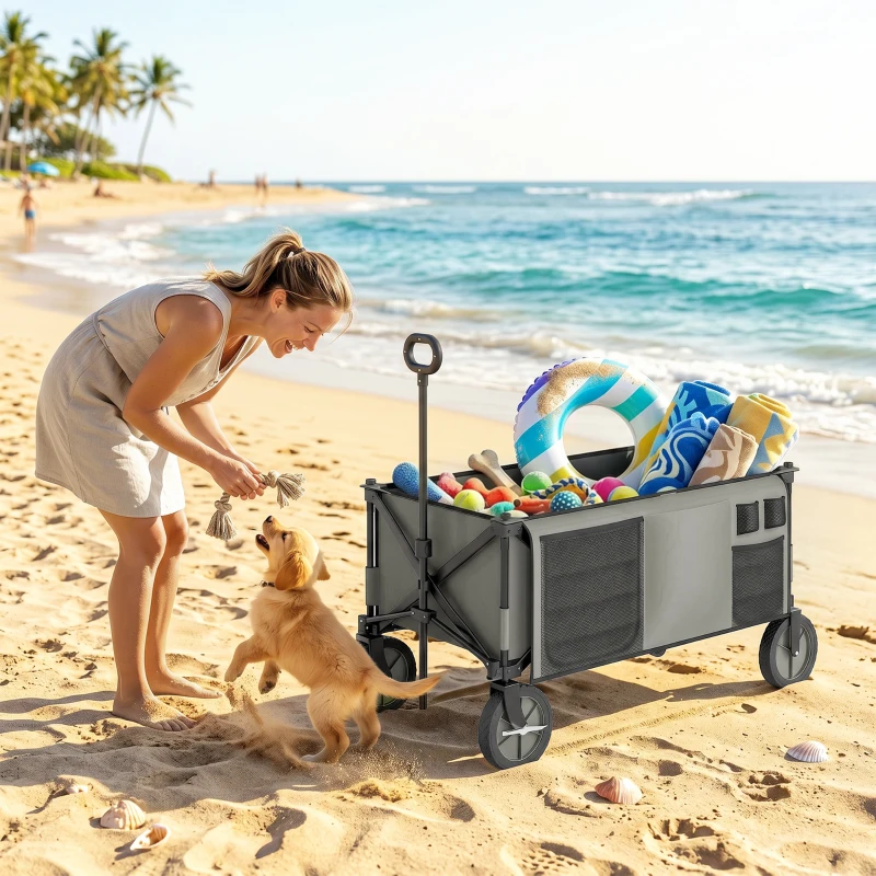 Outsunny Folding Garden Wagon, Collapsible Wagon, Cart with Wheels, Steel Frame and Oxford Fabric, Dark Grey