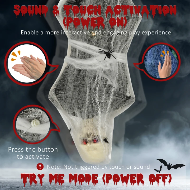 HOMCOM 55.9 Inch/4.7ft Life Size Outdoor Halloween Decoration Hanging Mummy with Spider Web, Animated Prop Decor with Sound and Motion Activated, Light Up Eyes, Creepy Sound