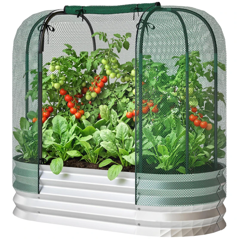 Outsunny Galvanized Raised Garden Bed with Crop Cage Protection Net Cover, Outdoor Planter Box for Vegetables, Flowers, Herbs