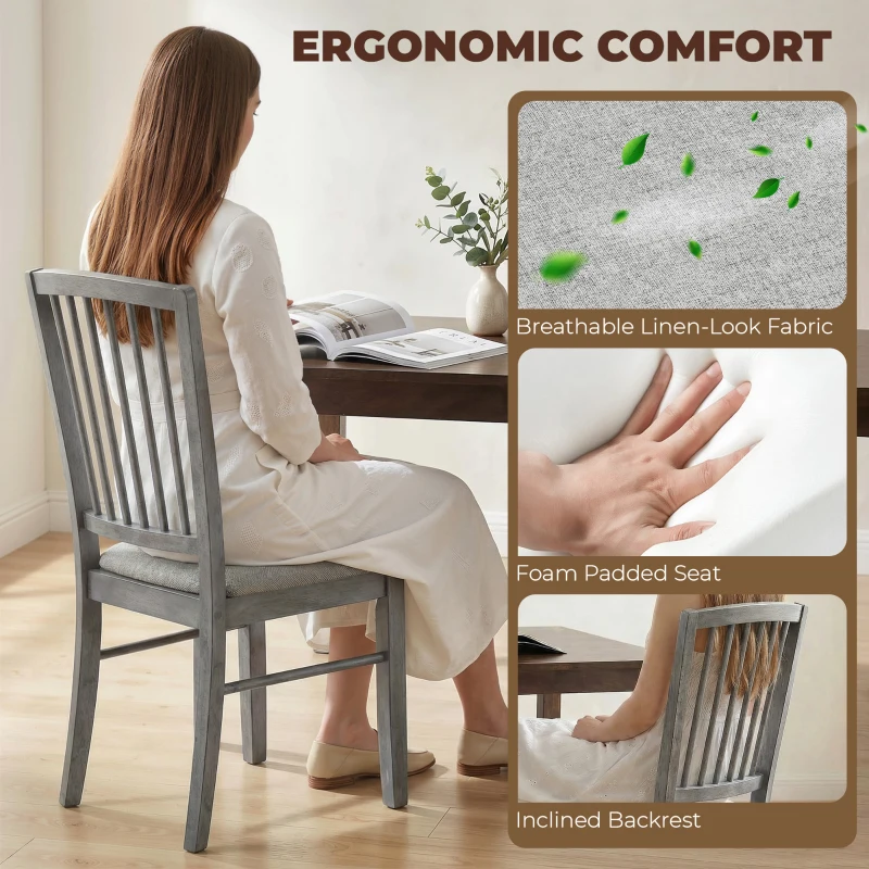 HOMCOM Dining Chairs Upholstered Kitchen Chairs with Rubberwood Legs Set of 2, Rustic Gray