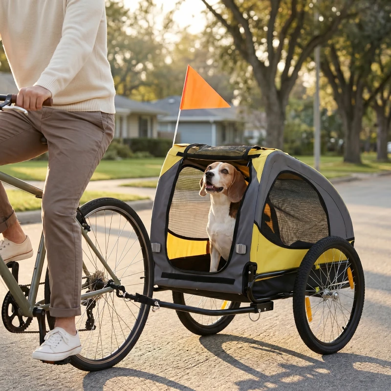 Aosom Dog Bike Trailer, Pet Stroller with Wheels for Medium Dogs, Yellow