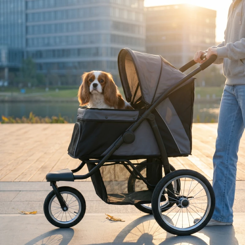 PawHut 3 Wheels Pet Stroller for Small Dogs and Medium Dogs with Adjustable Canopy, Safety Tether, Storage Basket, Gray
