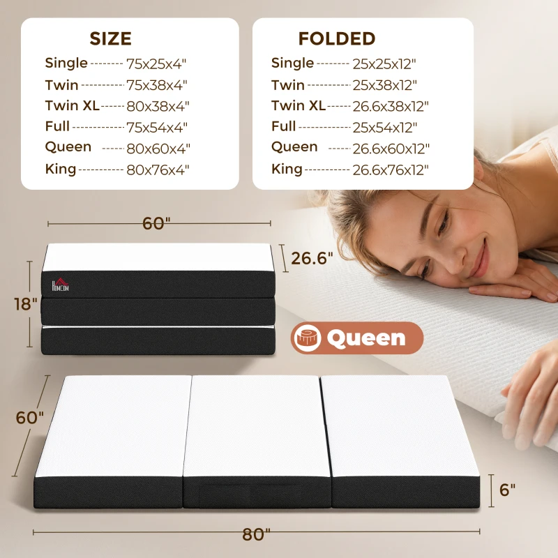 HOMCOM Trifold Mattress, 6 Inch Memory Foam Mattress for Guest, Camping, RV, Travel, Yoga, Made in USA, 80" x 60" x 6"