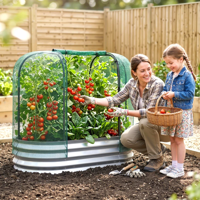 Outsunny Galvanized Raised Garden Bed with Crop Cage Protection Net Cover, Outdoor Planter Box for Vegetables, Flowers, Herbs