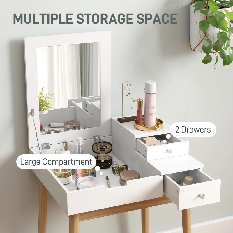 HOMCOM Makeup Vanity Table with Flip-up Mirror, Modern Dressing Table with 2 Drawers for Bedroom, White
