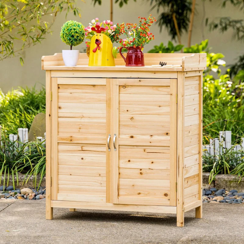 Outsunny Wood Garden Shed, Compact Outdoor Storage Cabinet Potting Shed with Inner Shelf and Double Doors for Backyard, Natural