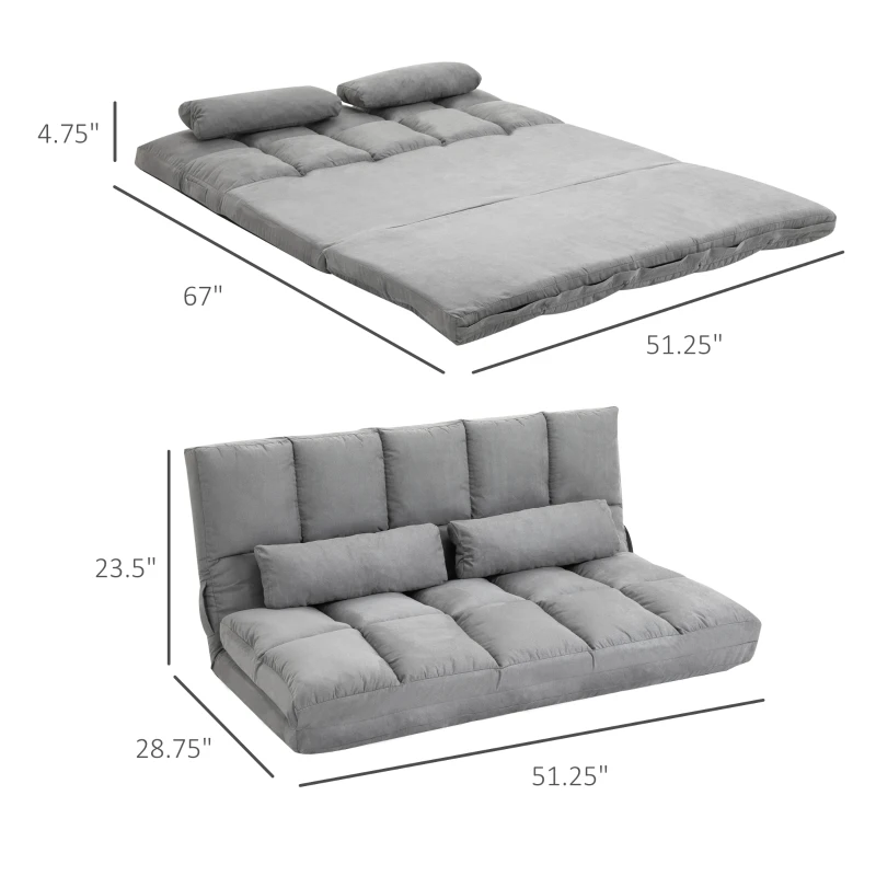 HOMCOM Convertible Floor Sofa Chair, Folding Couch Bed, Guest Chaise Lounge with 2 Pillows, Adjustable Backrest and Headrest, 51.25" L, Light Gray
