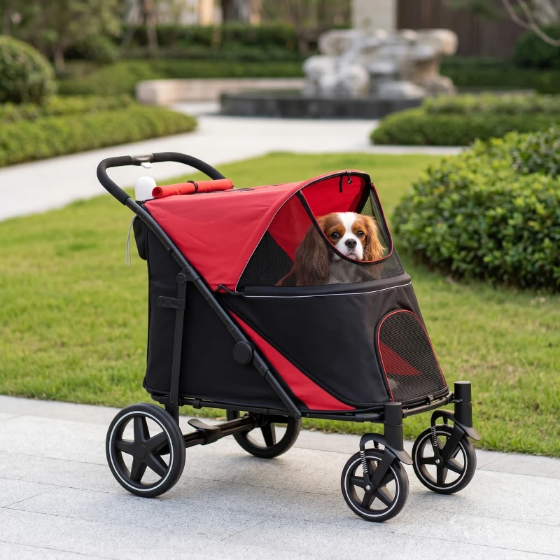 PawHut Dog Stroller for Large Medium Small Dogs up to 66 Lbs. 23.5" in Body Length, One-Click Foldable Pet Cat Stroller with Storage, Shock Absorption Wheels, Mesh Window, Safety Leash, Red