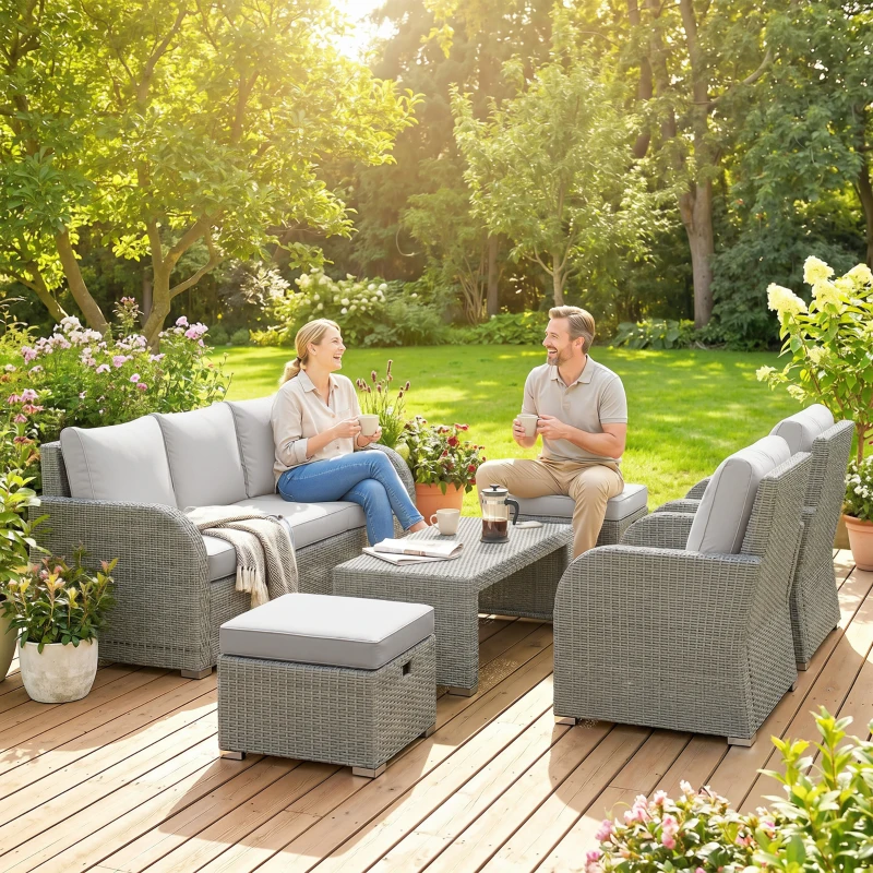 Outsunny 6-Piece Outdoor Rattan Patio Sectional Sofa Set with 3-Seat Couch, 2 Recliners, 2 Ottoman Footrests, & Coffee Table Conversation Set, Light Gray