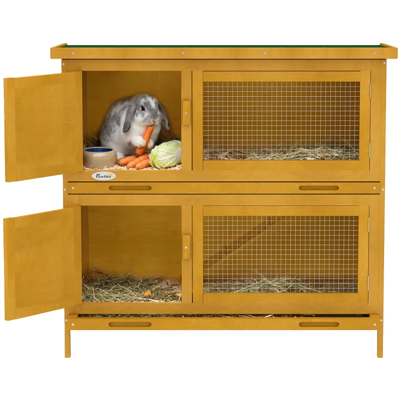 PawHut Wood Rabbit Hutch with 2 Large Main House, Ramp, Trays, Yellow