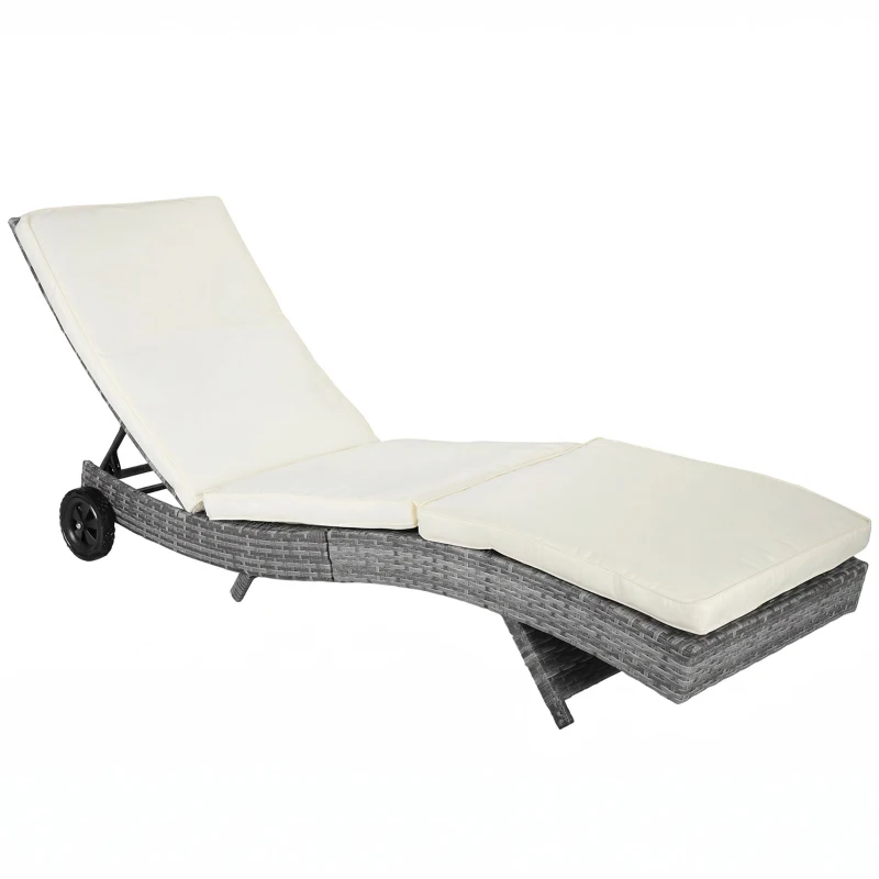 Outsunny Outdoor Adjustable Wicker Chaise Lounge Chair with Cushion & Wheels for Patio, Deck, Poolside, Cream White