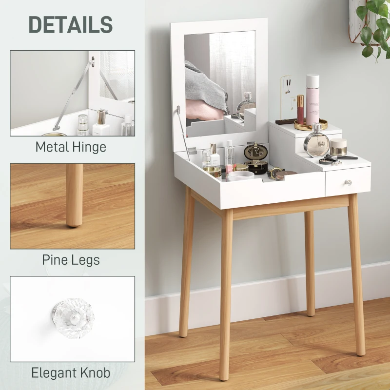 HOMCOM Makeup Vanity Table with Flip-up Mirror, Modern Dressing Table with 2 Drawers for Bedroom, White