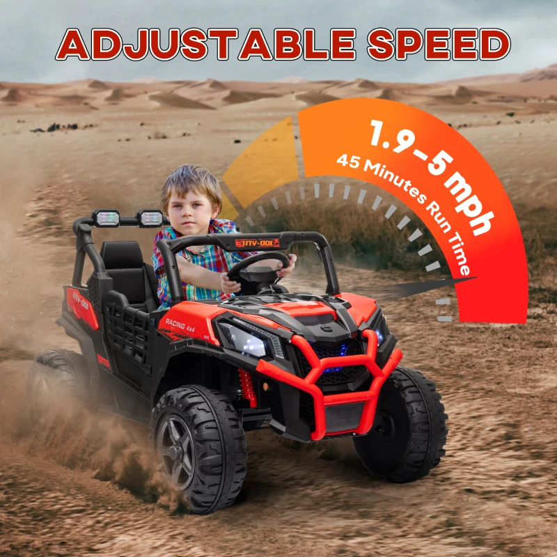Qaba 2 Seater 24V Kids Electric Car w/ Remote Control, 3 Speed, LED Lights, Music, Horn, Spring Suspension, Slow Start, Red