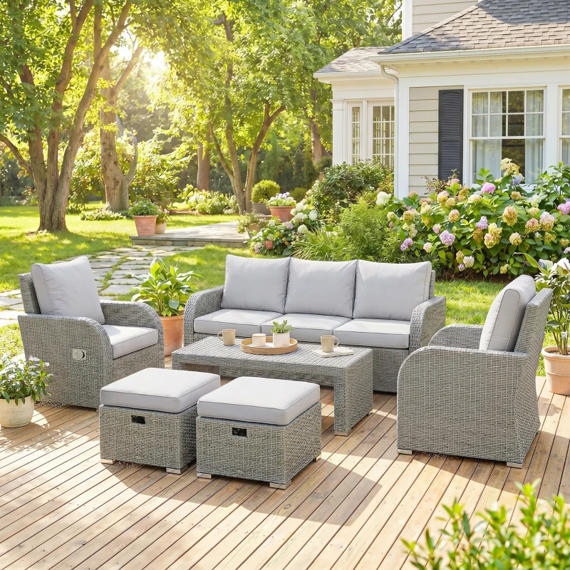 Outsunny 6-Piece Outdoor Rattan Patio Sectional Sofa Set with 3-Seat Couch, 2 Recliners, 2 Ottoman Footrests, & Coffee Table Conversation Set, Light Gray