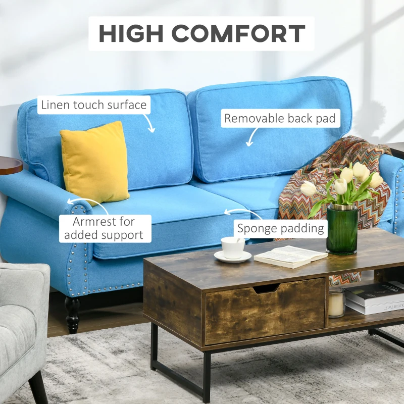 HOMCOM Stylish Midback Double Sofa with Sponge Padding, 2 Seater Sofa Couch, with Rubber Wood Leg, Light Blue