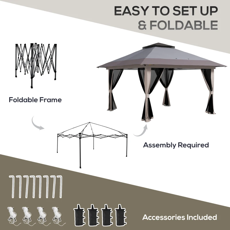Outsunny 13' x 13' Pop Up Gazebo Instant Canopy Tent Shelter with 2-Tier Roof, Carry Bag, Wight Bags for Outdoor, Garden, Gray