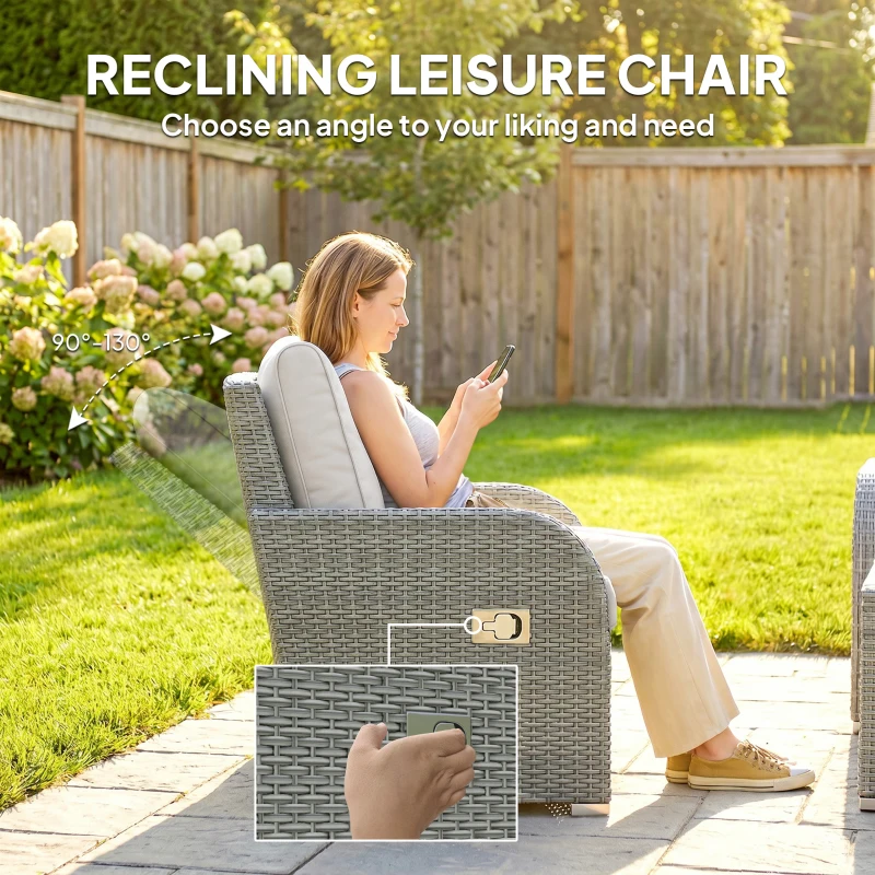 Outsunny 6-Piece Outdoor Rattan Patio Sectional Sofa Set with 3-Seat Couch, 2 Recliners, 2 Ottoman Footrests, & Coffee Table Conversation Set, Light Gray