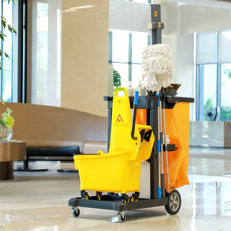 HOMCOM Janitorial Cart with 3 Shelves, Cleaning Cart on Wheels with Rubbish Bag and Mop Holders for Hotel, Housekeeping, Black