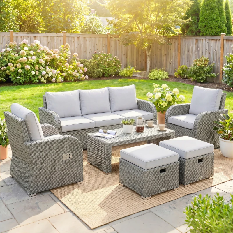 Outsunny 6-Piece Outdoor Rattan Patio Sectional Sofa Set with 3-Seat Couch, 2 Recliners, 2 Ottoman Footrests, & Coffee Table Conversation Set, Light Gray