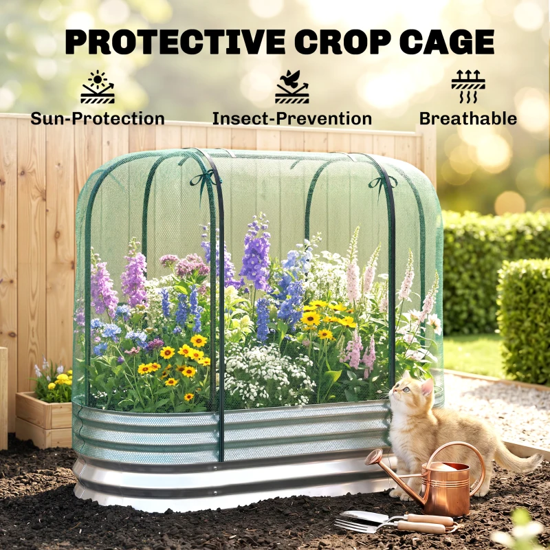 Outsunny Galvanized Raised Garden Bed with Crop Cage Protection Net Cover, Outdoor Planter Box for Vegetables, Flowers, Herbs