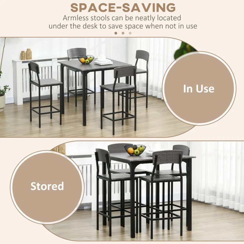 HOMCOM 5-Piece Counter Height Bar Table with Space-Saving Design, Square Kitchen Table and Chairs Set with Footrest, Metal Legs, Industrial Dining Table Set for 4, Gray