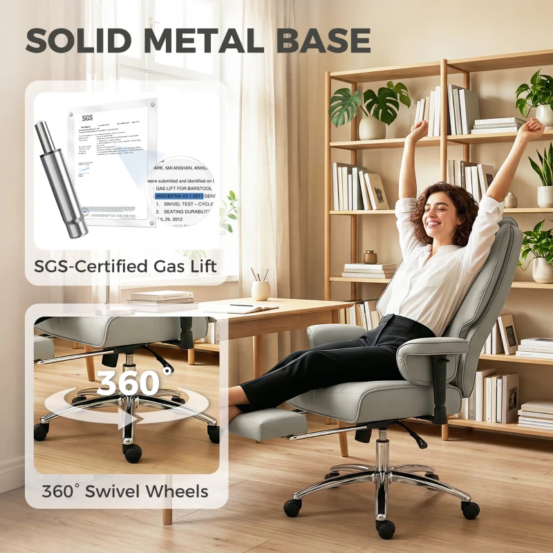 HOMCOM Ergonomic Office Chair, High Back Reclining Desk Chair with Adjustable Armrests, Pet Friendly Faux Leather, Light Gray